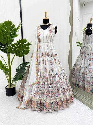 White Premium Faux Georgette Anarkali Gown with Dupatta ClothsVilla