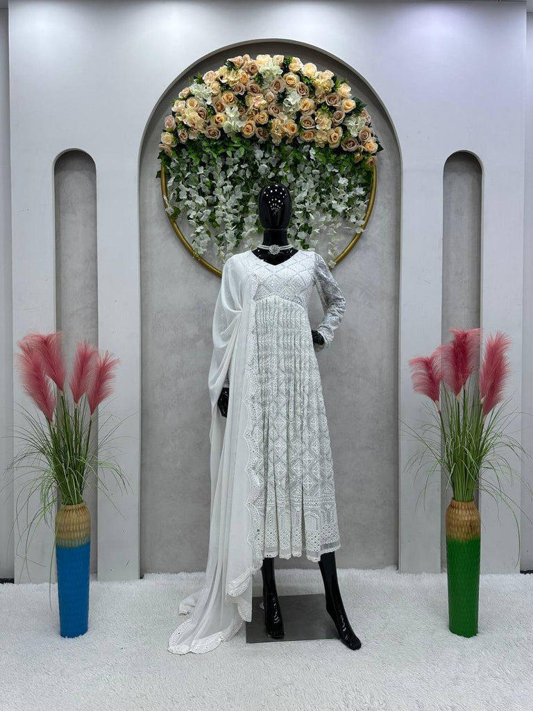 White Elegant Lakhnavi Embroidered Georgette Suit – With Designer Dupatta ClothsVilla