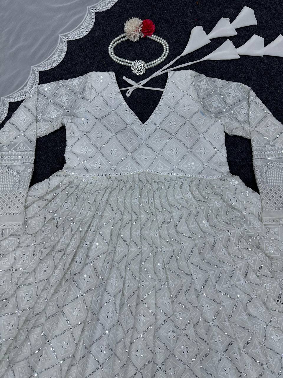 White Elegant Lakhnavi Embroidered Georgette Suit – With Designer Dupatta ClothsVilla