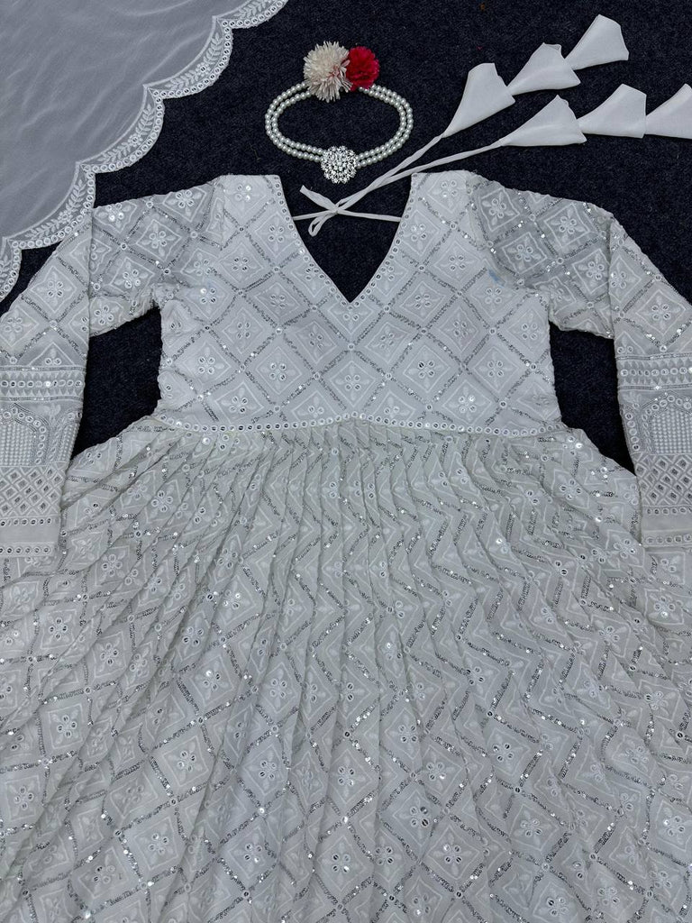 White Elegant Lakhnavi Embroidered Georgette Suit – With Designer Dupatta ClothsVilla