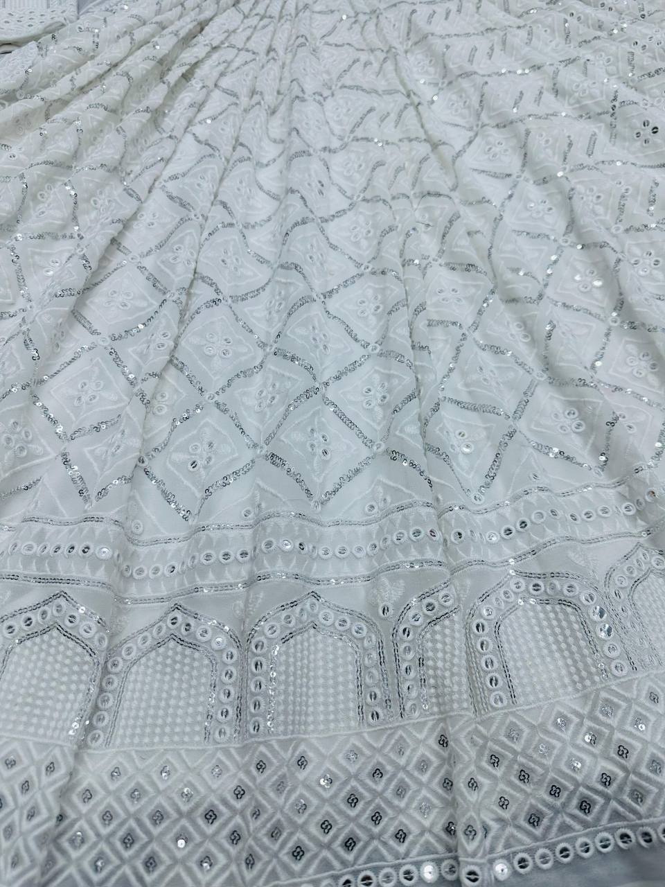 White Elegant Lakhnavi Embroidered Georgette Suit – With Designer Dupatta ClothsVilla