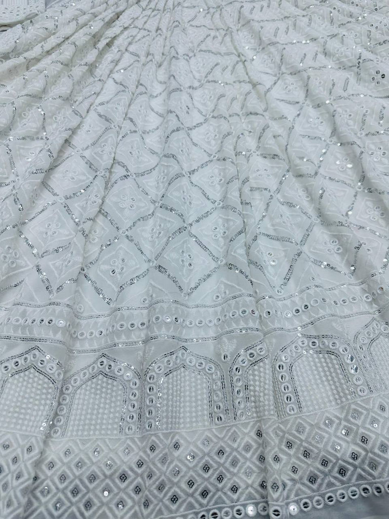 White Elegant Lakhnavi Embroidered Georgette Suit – With Designer Dupatta ClothsVilla