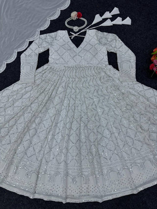 White Elegant Lakhnavi Embroidered Georgette Suit – With Designer Dupatta ClothsVilla