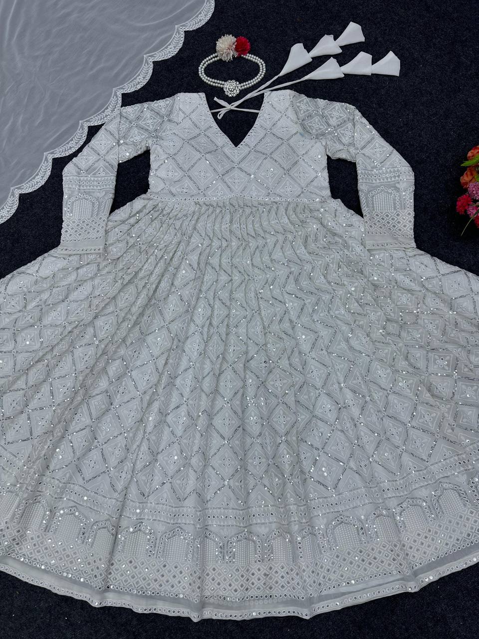 White Elegant Lakhnavi Embroidered Georgette Suit – With Designer Dupatta ClothsVilla