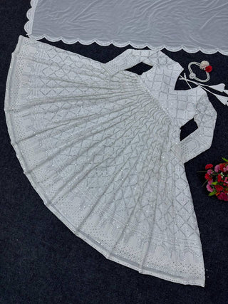 White Elegant Lakhnavi Embroidered Georgette Suit – With Designer Dupatta ClothsVilla