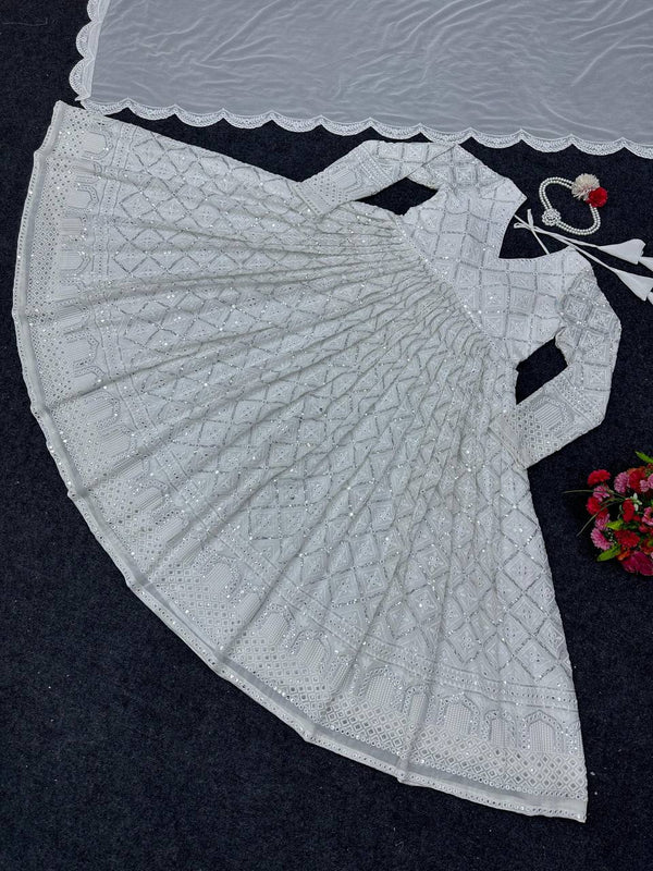White Elegant Lakhnavi Embroidered Georgette Suit – With Designer Dupatta ClothsVilla
