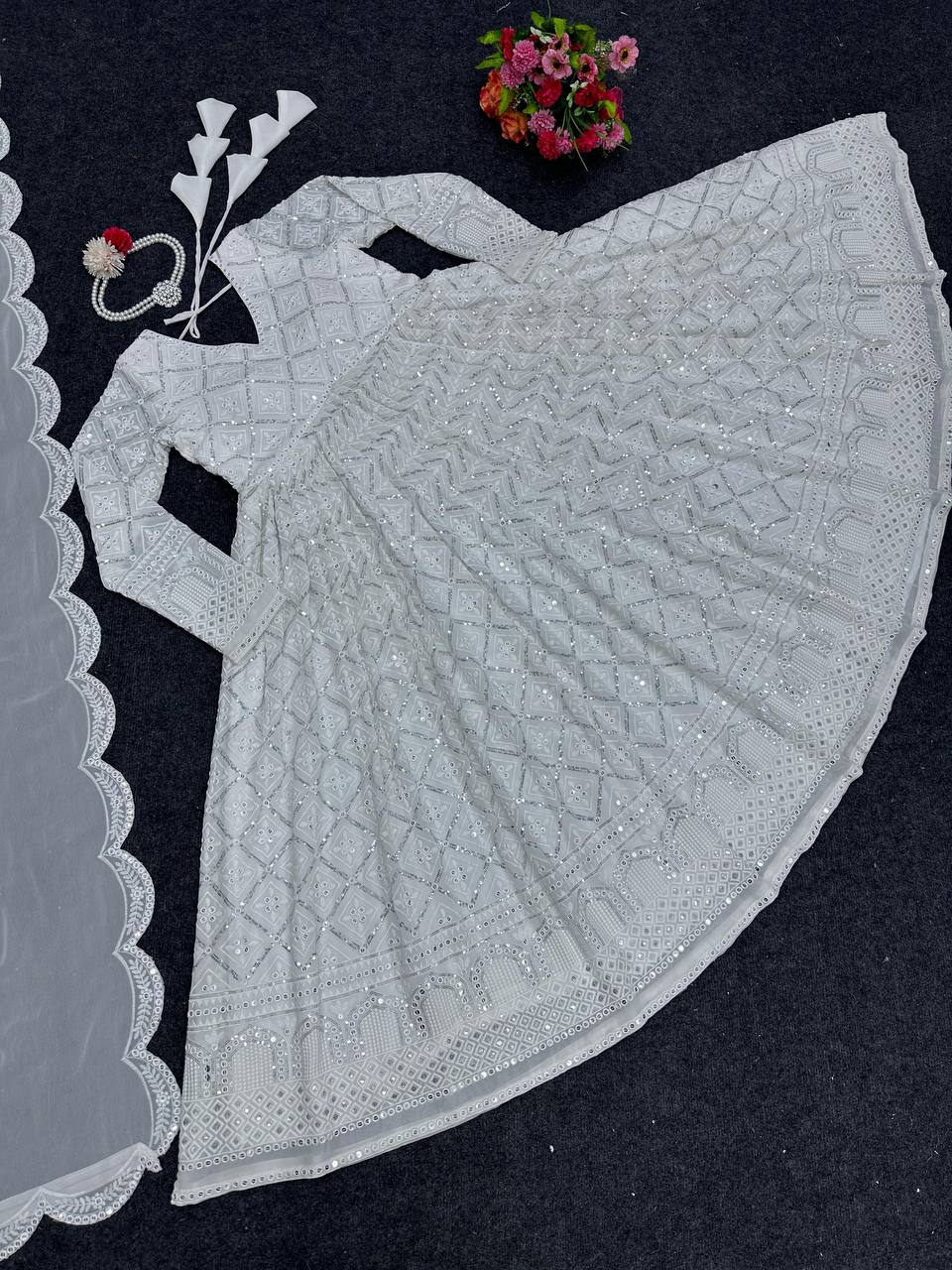 White Elegant Lakhnavi Embroidered Georgette Suit – With Designer Dupatta ClothsVilla