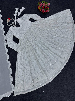 White Elegant Lakhnavi Embroidered Georgette Suit – With Designer Dupatta ClothsVilla