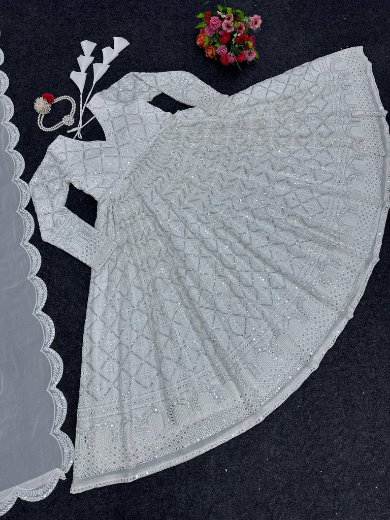 White Elegant Lakhnavi Embroidered Georgette Suit – With Designer Dupatta ClothsVilla