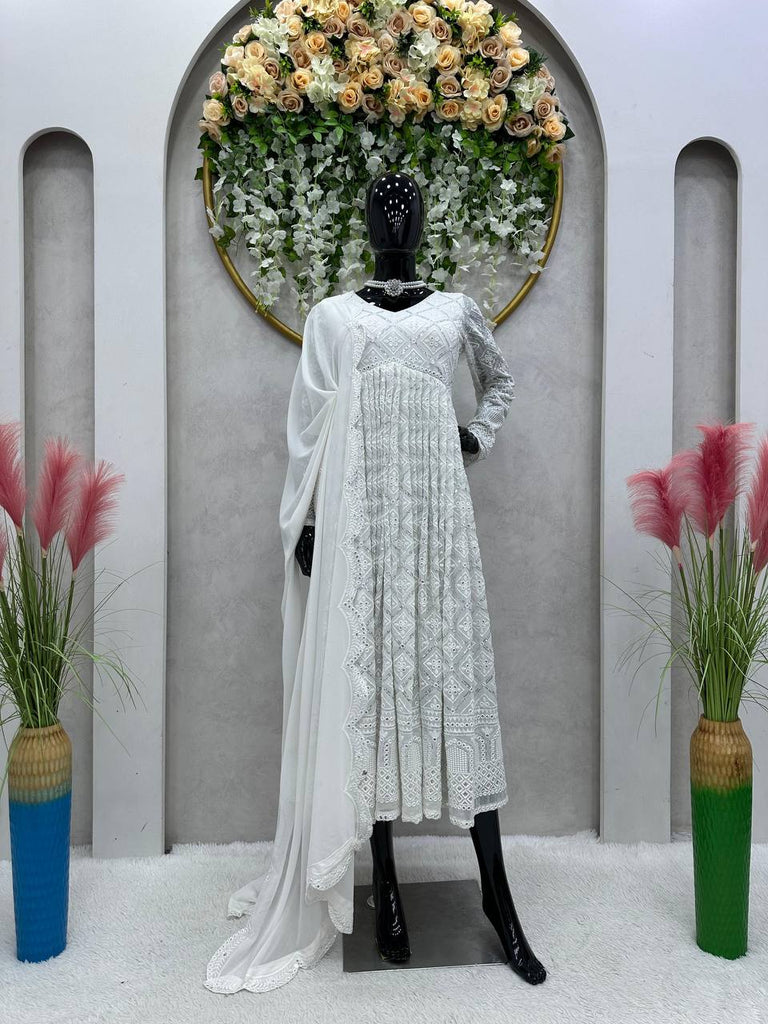 White Elegant Lakhnavi Embroidered Georgette Suit – With Designer Dupatta ClothsVilla