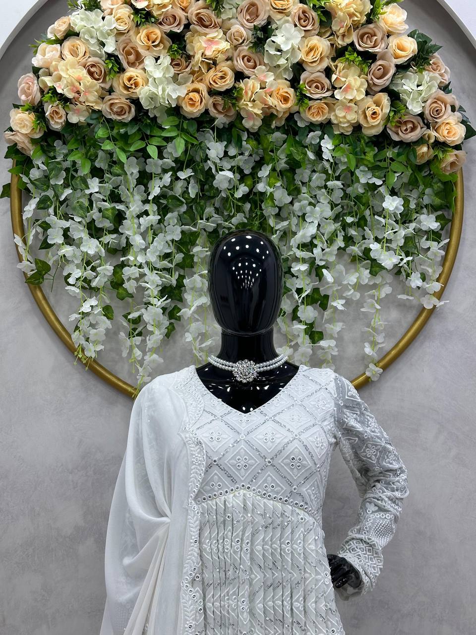 White Elegant Lakhnavi Embroidered Georgette Suit – With Designer Dupatta ClothsVilla