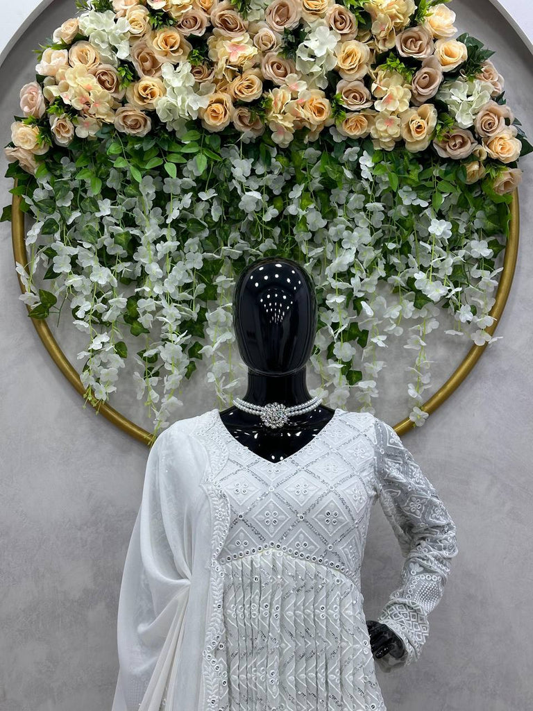 White Elegant Lakhnavi Embroidered Georgette Suit – With Designer Dupatta ClothsVilla