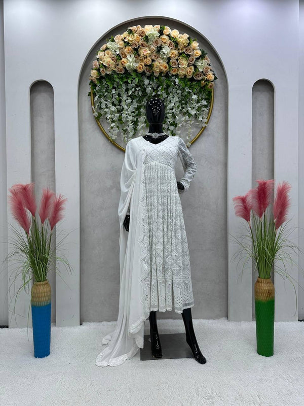White Elegant Lakhnavi Embroidered Georgette Suit – With Designer Dupatta ClothsVilla