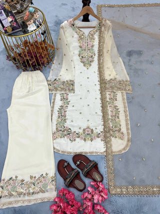 White Premium Jimmy Choo Embroidered Palazzo Set with Dupatta ClothsVilla