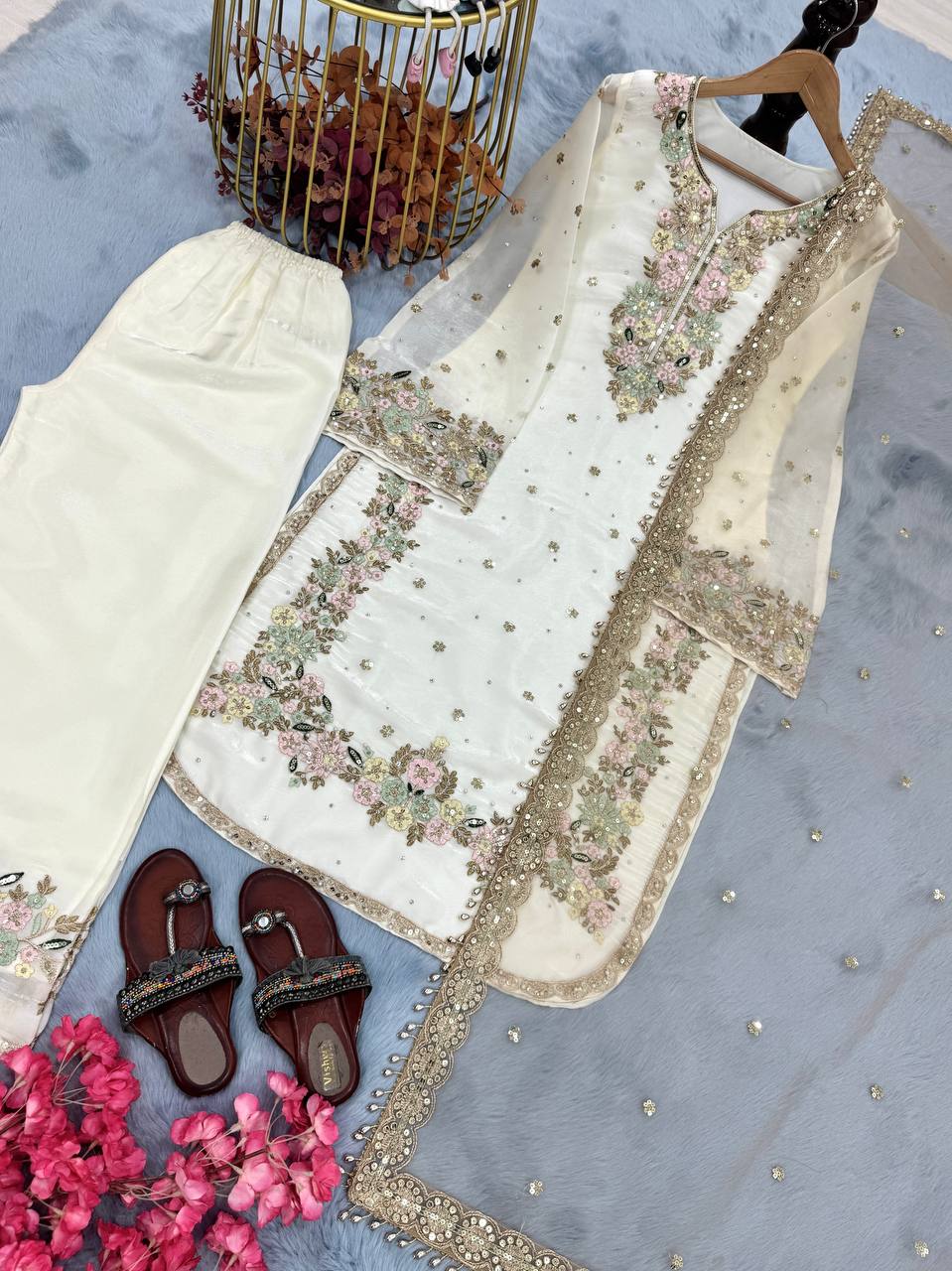 White Premium Embroidered Palazzo Set with Dupatta Secondary image