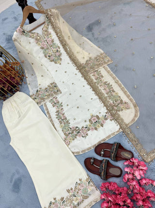 White Premium Jimmy Choo Embroidered Palazzo Set with Dupatta ClothsVilla