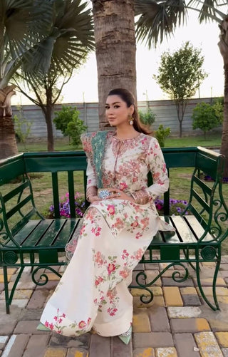 White Premium Modal Silk Embroidered Set Farshi Plazzo, Fancy Top & Net Dupatta Fully Stitched ClothsVilla