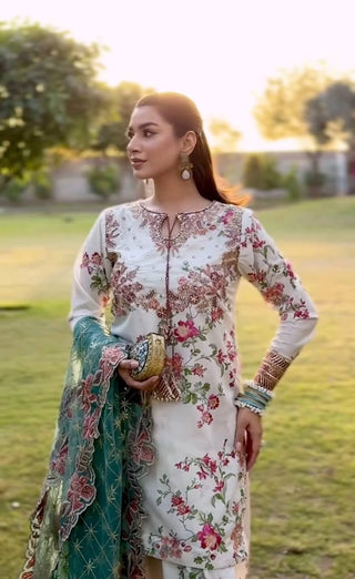 White Premium Modal Silk Embroidered Set Farshi Plazzo, Fancy Top & Net Dupatta Fully Stitched ClothsVilla
