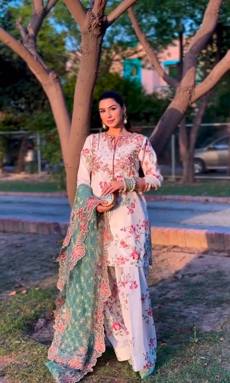 White Premium Modal Silk Embroidered Set Farshi Plazzo, Fancy Top & Net Dupatta Fully Stitched ClothsVilla Main image
