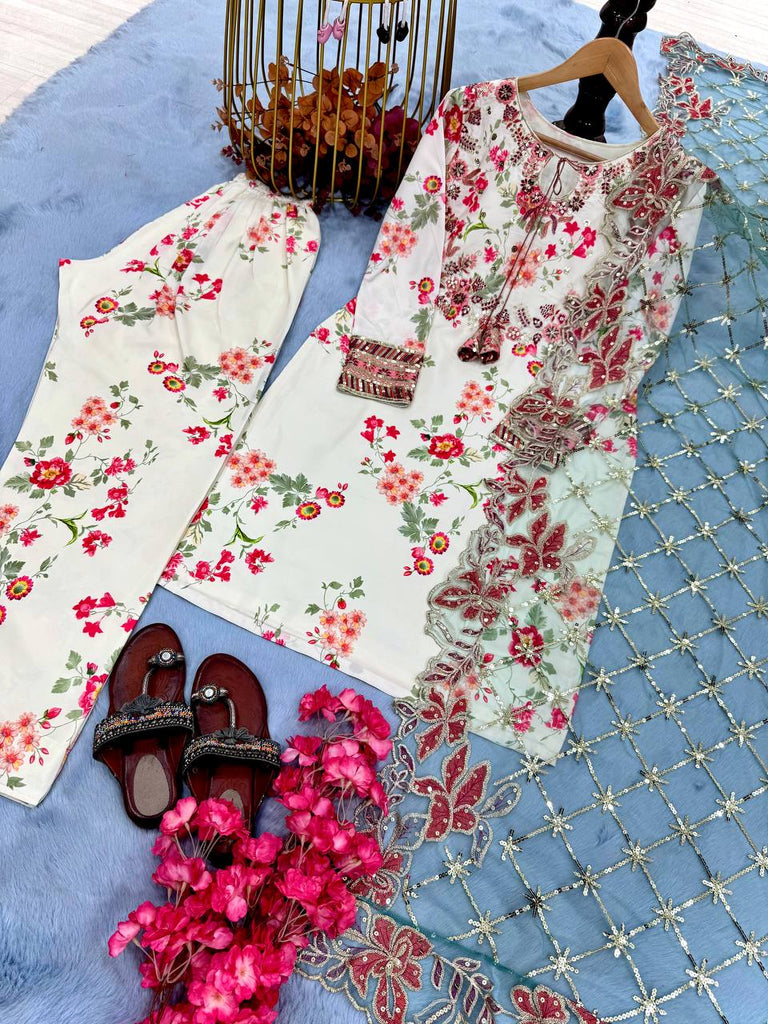 White Premium Modal Silk Embroidered Set Farshi Plazzo, Fancy Top & Net Dupatta Fully Stitched ClothsVilla