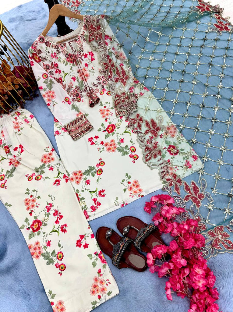 White Premium Modal Silk Embroidered Set Farshi Plazzo, Fancy Top & Net Dupatta Fully Stitched ClothsVilla