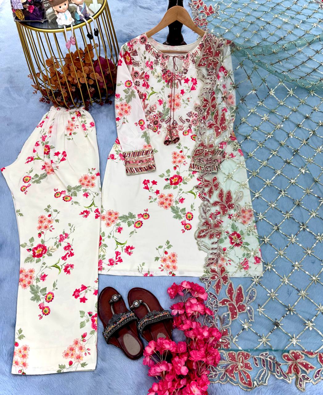 White Premium Modal Silk Embroidered Set Farshi Plazzo, Fancy Top & Net Dupatta Fully Stitched ClothsVilla