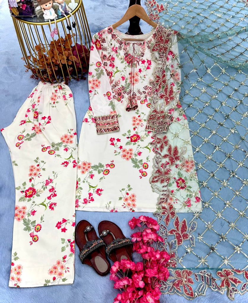 White Premium Modal Silk Embroidered Set Farshi Plazzo, Fancy Top & Net Dupatta Fully Stitched ClothsVilla