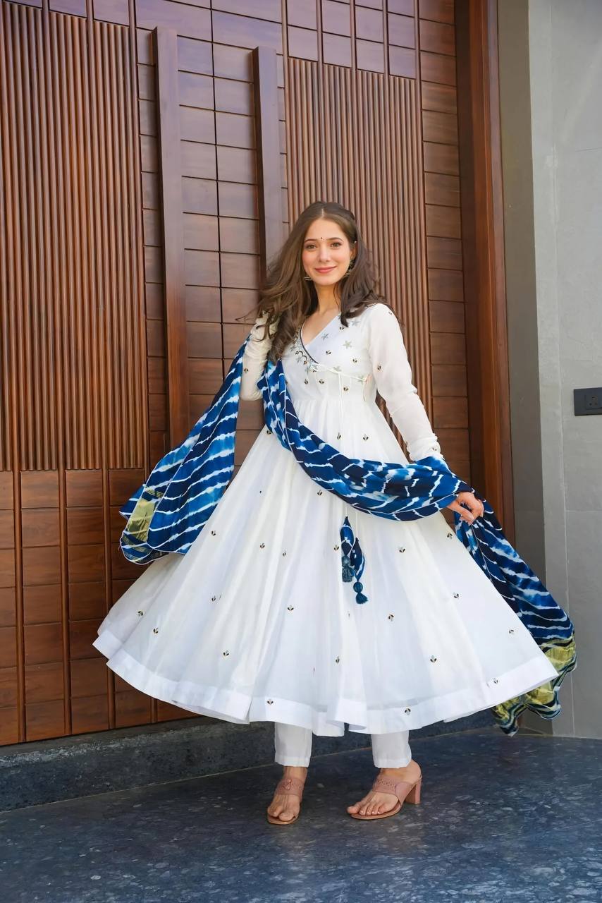 White Premium Rayon Zari Embroidered Anarkali Suit Set with Digital Printed Dupatta & Pants ClothsVilla