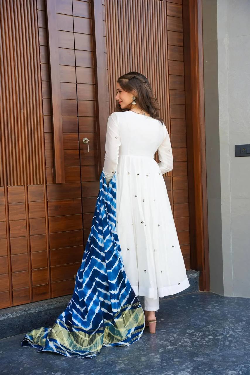 White Premium Rayon Zari Embroidered Anarkali Suit Set with Digital Printed Dupatta & Pants ClothsVilla