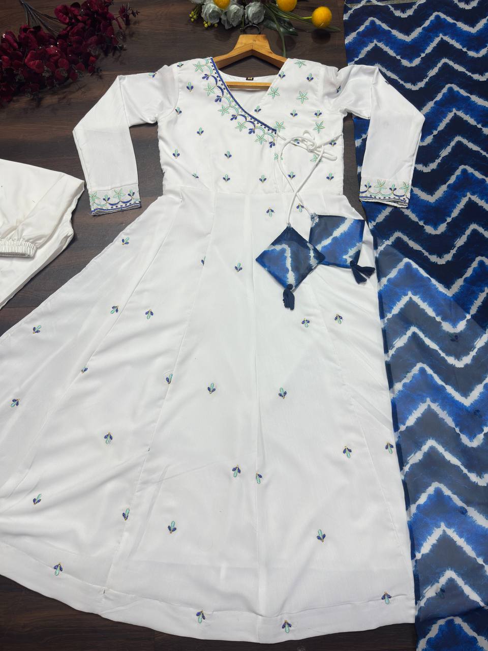 White Premium Rayon Zari Embroidered Anarkali Suit Set with Digital Printed Dupatta & Pants ClothsVilla