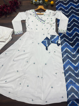 White Premium Rayon Zari Embroidered Anarkali Suit Set with Digital Printed Dupatta & Pants ClothsVilla
