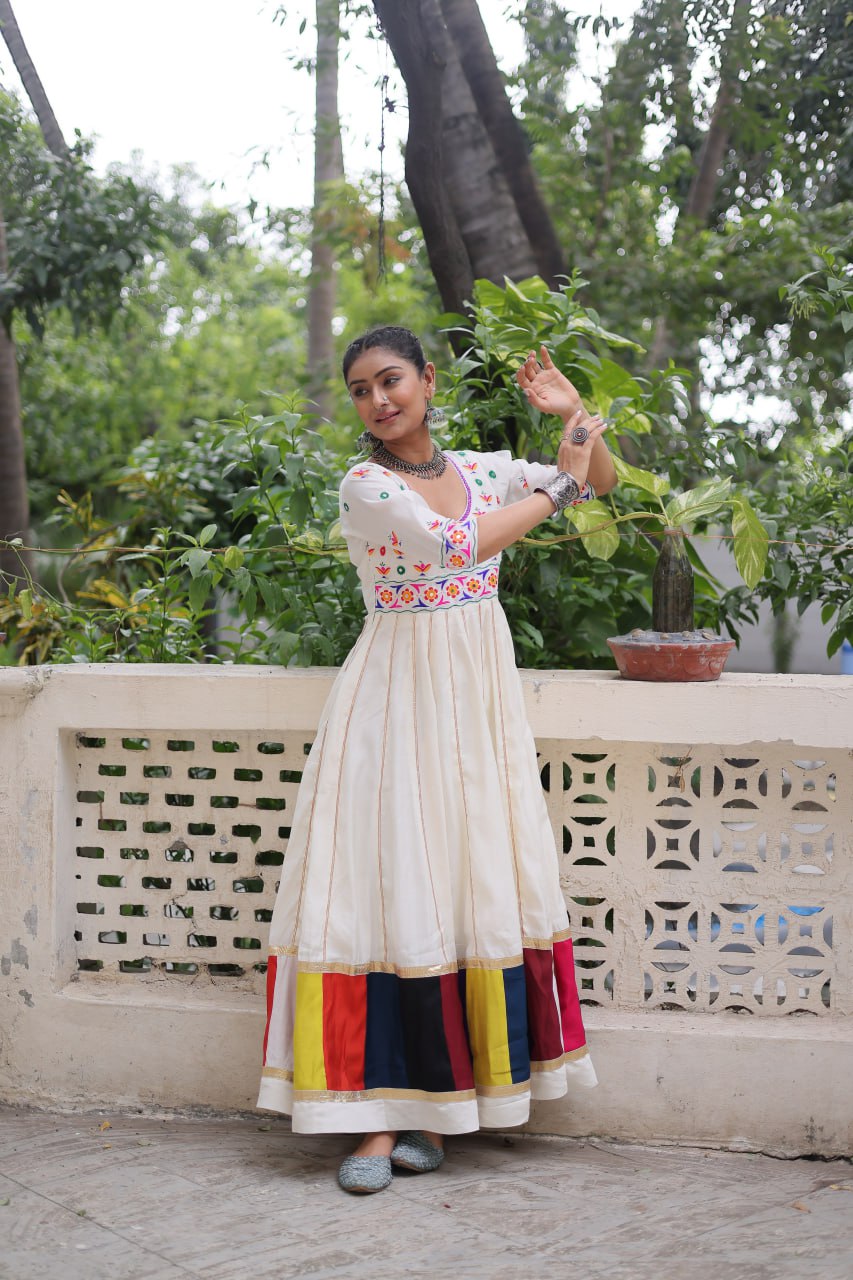 White Premium Roman Fabric Gown with Multicolour Thread & Gota Lace Embellishments ClothsVilla