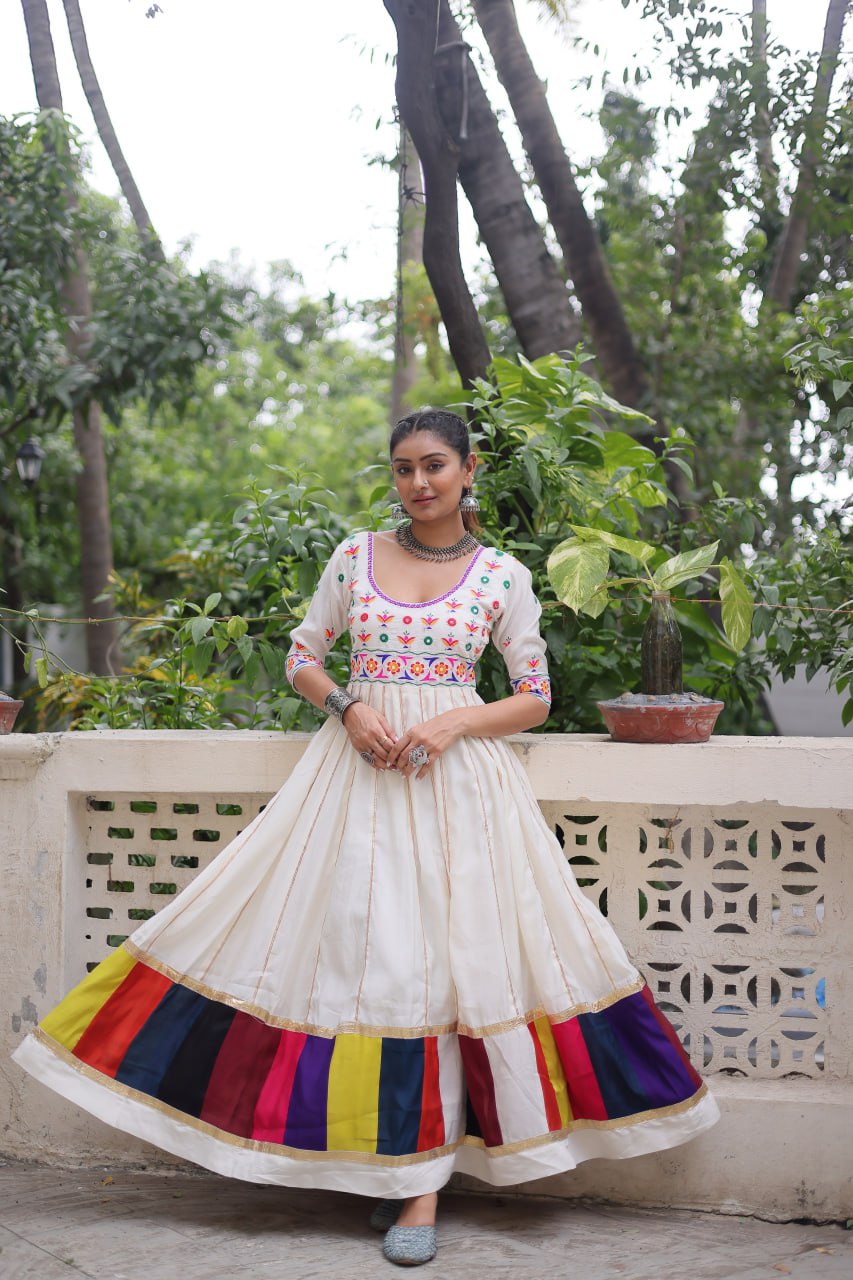 White Premium Roman Fabric Gown with Multicolour Thread & Gota Lace Embellishments ClothsVilla