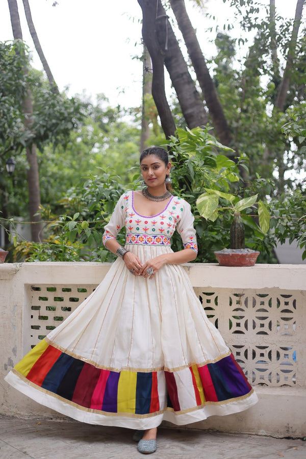 White Premium Roman Fabric Gown with Multicolour Thread & Gota Lace Embellishments ClothsVilla