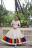 White Premium Roman Fabric Gown with Multicolour Thread & Gota Lace Embellishments ClothsVilla