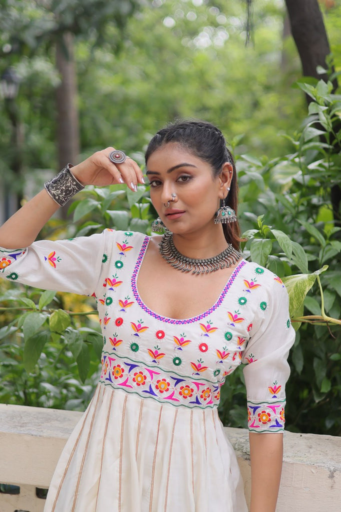 White Premium Roman Fabric Gown with Multicolour Thread & Gota Lace Embellishments ClothsVilla