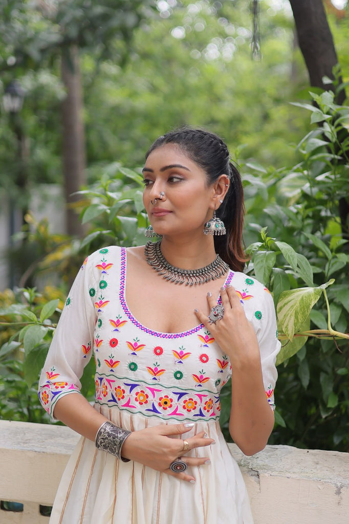 White Premium Roman Fabric Gown with Multicolour Thread & Gota Lace Embellishments ClothsVilla