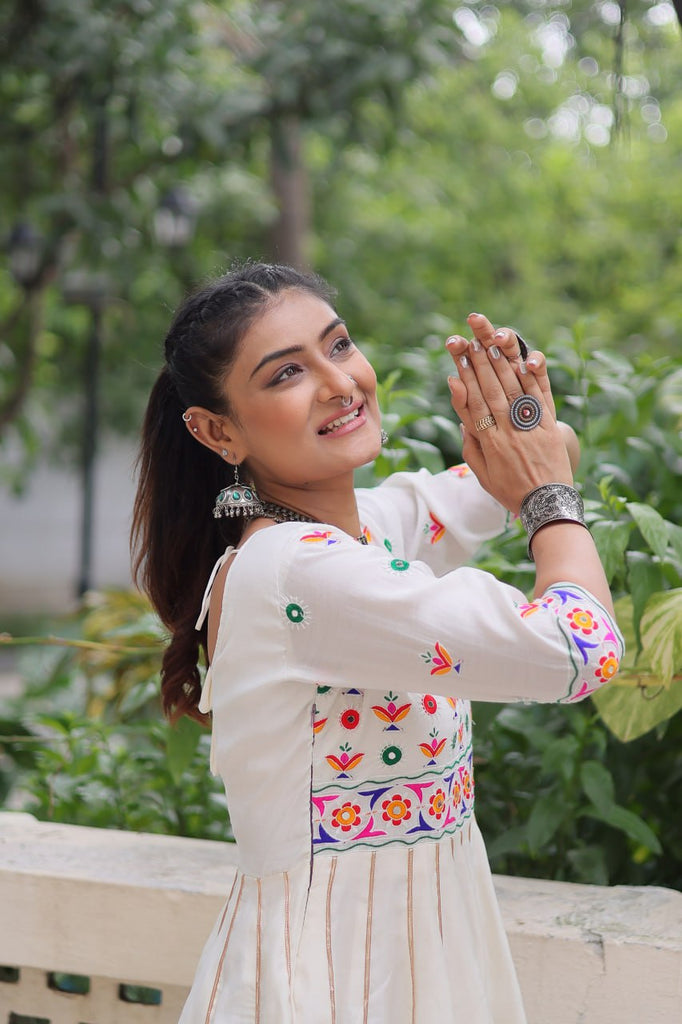 White Premium Roman Fabric Gown with Multicolour Thread & Gota Lace Embellishments ClothsVilla