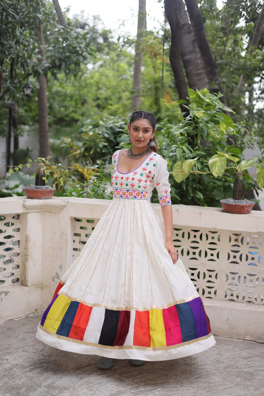 White Premium Roman Fabric Gown with Multicolour Thread & Gota Lace Embellishments ClothsVilla
