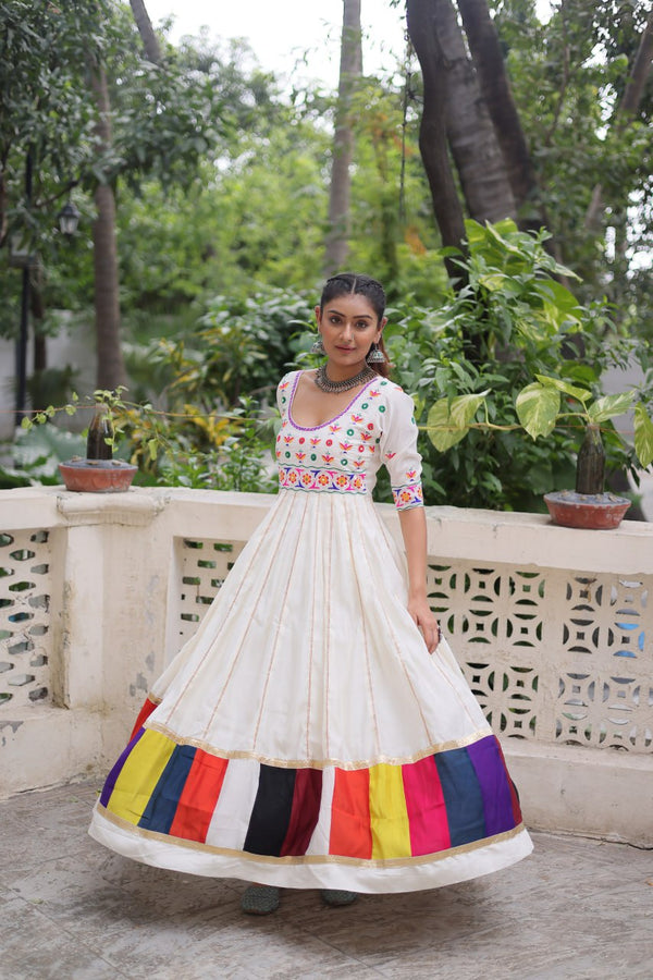 White Premium Roman Fabric Gown with Multicolour Thread & Gota Lace Embellishments ClothsVilla