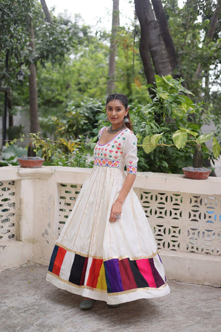 White Premium Roman Fabric Gown with Multicolour Thread & Gota Lace Embellishments ClothsVilla