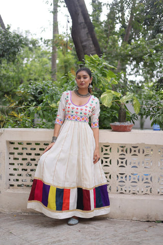 White Premium Roman Fabric Gown with Multicolour Thread & Gota Lace Embellishments ClothsVilla
