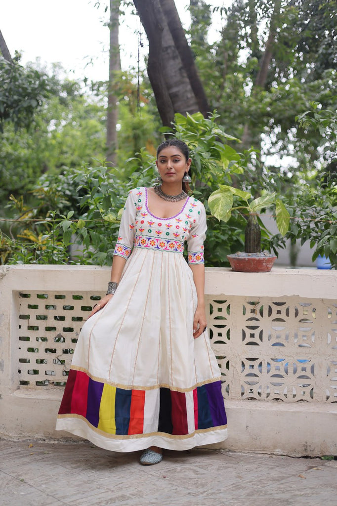 White Premium Roman Fabric Gown with Multicolour Thread & Gota Lace Embellishments ClothsVilla