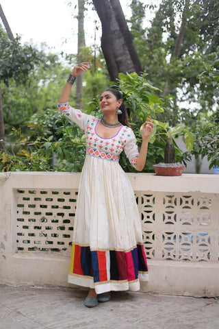 White Premium Roman Fabric Gown with Multicolour Thread & Gota Lace Embellishments ClothsVilla