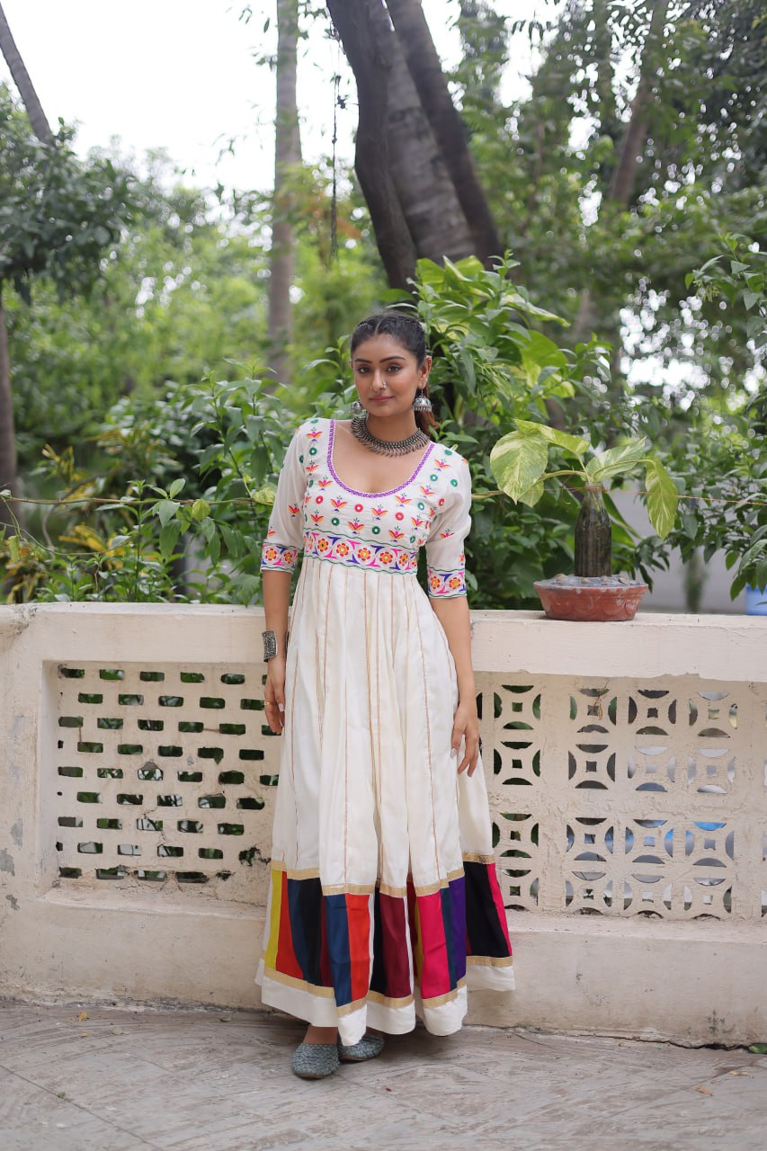 White Premium Roman Fabric Gown with Multicolour Thread & Gota Lace Embellishments ClothsVilla