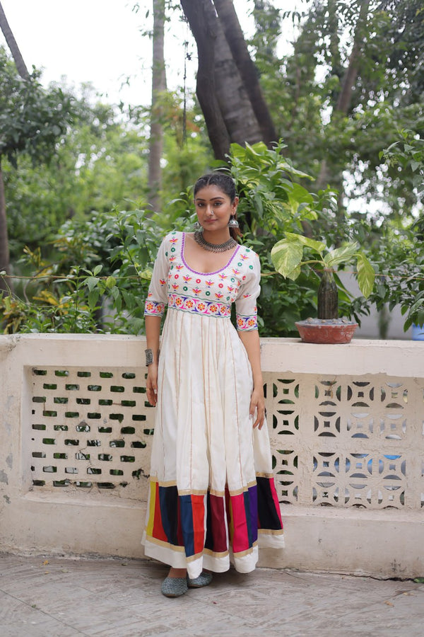 White Premium Roman Fabric Gown with Multicolour Thread & Gota Lace Embellishments ClothsVilla