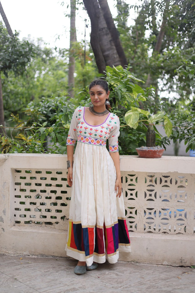 White Premium Roman Fabric Gown with Multicolour Thread & Gota Lace Embellishments ClothsVilla