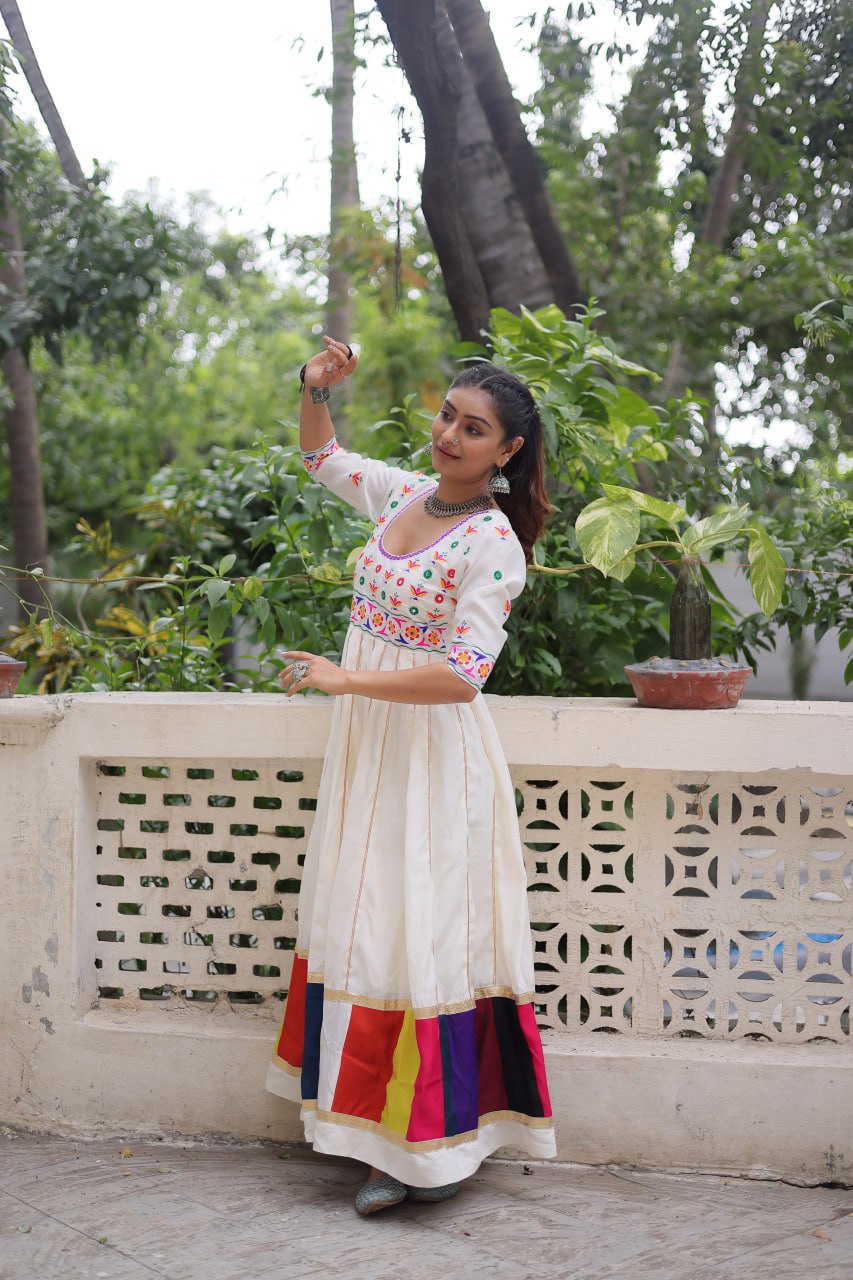 White Premium Roman Fabric Gown with Multicolour Thread & Gota Lace Embellishments ClothsVilla