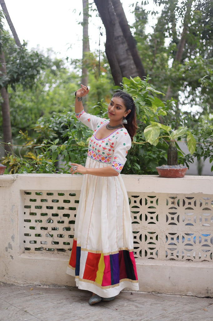 White Premium Roman Fabric Gown with Multicolour Thread & Gota Lace Embellishments ClothsVilla