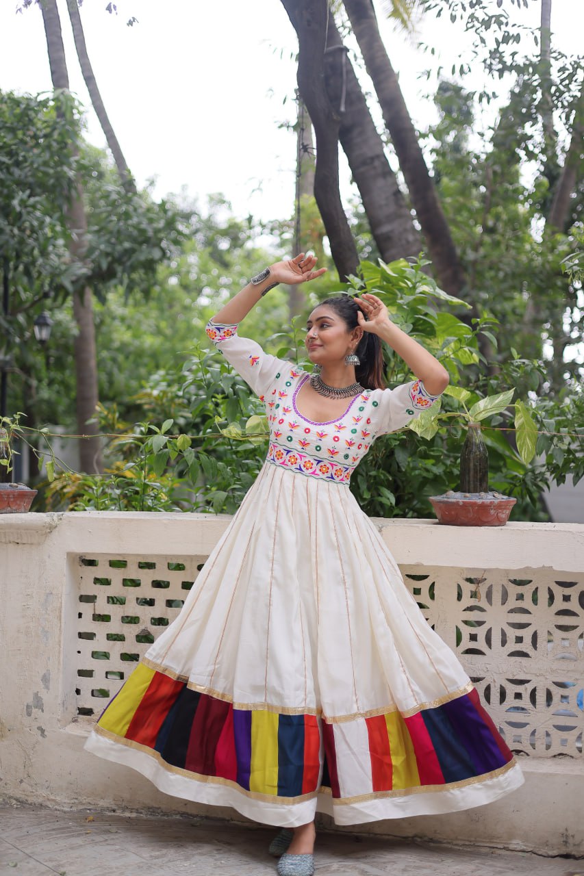 White Premium Roman Fabric Gown with Multicolour Thread & Gota Lace Embellishments ClothsVilla